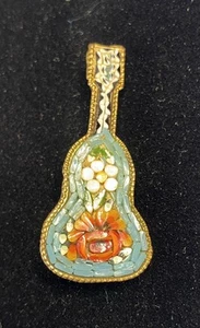 Vintage Italian Micro Mosaic Glass Inlay Guitar Floral Brooch Pin Italy 1.75” - Picture 1 of 2