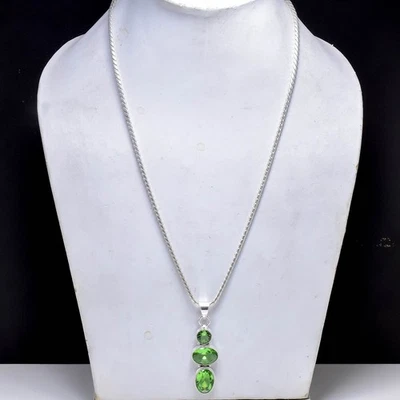 Green Amethyst Gemstone Pendant 925 Sterling Silver Handmade Necklace 20" - Image 1 of 4