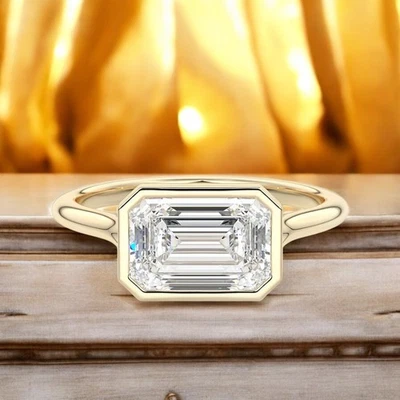 Engagement Ring Semi Mount Emerald Cut Setting 14k Yellow Gold Size  4 5 6 7 - Image 1 of 4