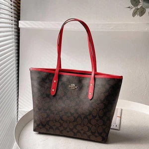 F58292 Coach Dark Brown / Red City Zip Tote in Signature Leather Outlet NWT - Picture 1 of 8