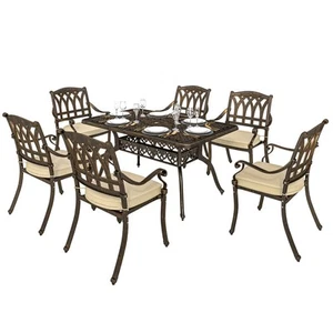 Outsunny 7 Pieces Cast Aluminium Garden Dining Set with Parasol Hole, Bronze - Picture 1 of 11