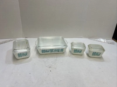 Vtg Pyrex Turquoise Amish Butterprint Refrigerator Dish Set of 4 -8-Pcs. - Image 1 of 4