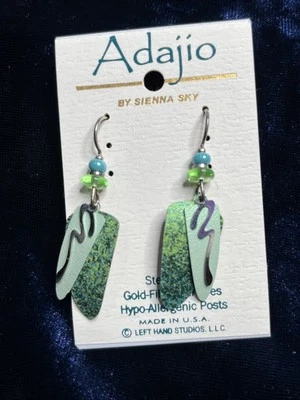 Adajio Earrings Sterling Hook Layered Green trowel Shape silver overlay - Image 1 of 2