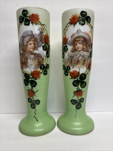 Antique Victorian Hand Painted Opaline Glass Mantle Vase Pair Green Floral Girl - Picture 1 of 20