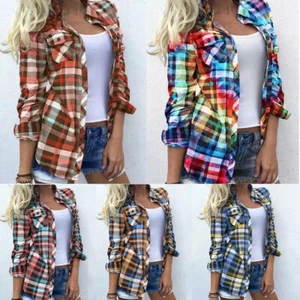 Camisa Blusa Blusa Manga Larga Suelta Prendas para el torso Informal a Cuadros a Cuadros para Mujeres Damas - Imagen 1 de 21