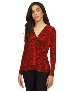$110 Michael Kors Women's Snakeskin-Print Crossover Border Top, Crimson, P/M - Picture 1 of 3