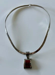 Sterling Silver 925 Band Choker Necklace With Pendant Red Stone - Picture 1 of 5