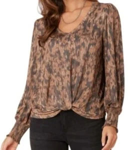 Democracy Camel Black Metallic V Neck Animal Print Long Sleeve Peasant Blouse 3X - Picture 1 of 9