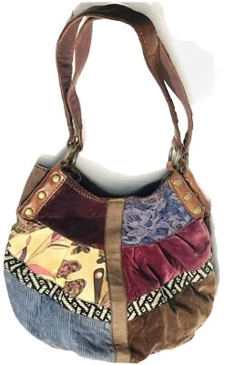 BOLSO DE MANO HOBO DE HOMBRO MARCA PARCHE TELA MULTICOLOR ADORNO DE CUERO MARRÓN Foto 1 de 4
