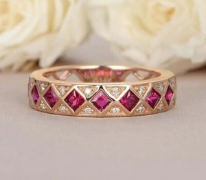 2CT Princess Cut Lab Created Ruby Art Deco Vintage Ring 14K Yellow Gold Finish - Picture 1 of 7