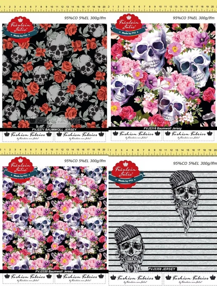 Totenkopf bunt grau FVJ Baumwolljersey Jersey Meterware Designer Skull - Bild 1 von 1