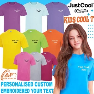 Personalised Custom Embroidered Just cool Awdis Kids cool T-shirt 100% Polyester - Picture 1 of 27