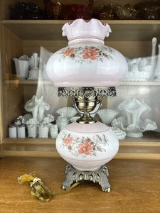 Hurricane Lamp Vintage Floral Pink Hurricane Lamp. It is 19 inches tall - Picture 1 of 7