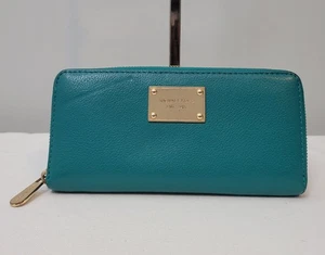 Michael Kors Jet Set Travel Teal Continental Leather Wallet Zip Gold Hardware  - Picture 1 of 17