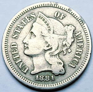 1881 Philadelphia Mint Three Cent Nickel Coin - Picture 1 of 2