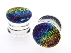 PAIR OF Dichro Pyrex RAINBOW 9/16" INCH 14MM plugs Body Jewelry DOUBLE FLARED - Picture 1 of 8