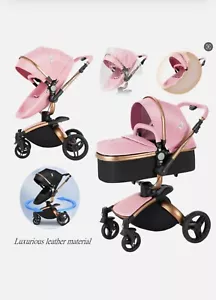 Luxury Pink 3-in-1 Baby Stroller 360° Reversible Foldable Reclining Seat - Picture 1 of 6