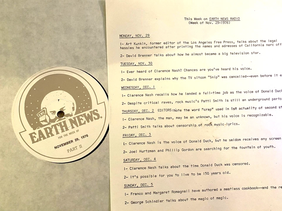 11/29/76 EARTH NEWS RADIO  PATTI SMITH, CLARENCE NASH (DONALD DUCK'S VOICE) - Image 1 of 1