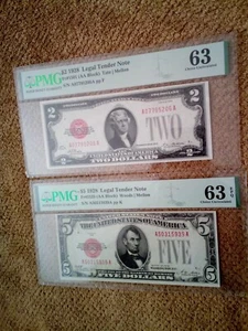 1928 PLAIN $2 AND $5 TWO AND FIVE DOLLAR BANKNOTES, RED SEALS, CU, PMG 63 EPQ - Picture 1 of 4