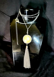 Faux Pearl Amulet with Long 15" Silver Tone Tassel Chain Necklace - Picture 1 of 12