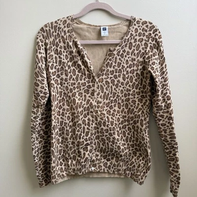 Gap Sweater Women’s  Beige Cardigan Animal Print Cotton Preppy Size Medium - Image 1 of 4