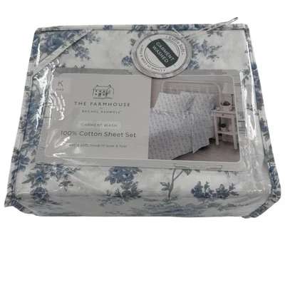 Farmhouse King Sheets Ra Ashwell Shabby Chic 白色蓝色灰色花卉棉 全新 — 第 1/4 张图片