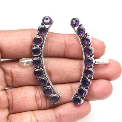 Amethyst Gemstone Handmade Ethnic Silver Jewelry Climber Earring 2.5'' - Image 1 of 4