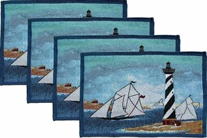 Set of 4 Tapestry Placemats,13"x19" NAUTICAL, SEA, OCEAN, LIGHTHOUSE, BOATS, HC - Picture 1 of 22