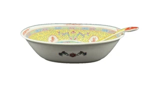 Vintage Mun Shou Yellow Longevity 10.25" Serving Dish & Spoon - Picture 1 of 15