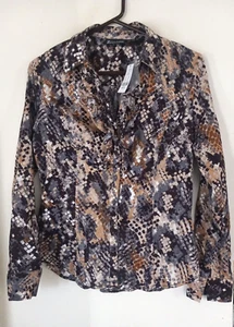 Seven 7 Blouse Top Animal Print  Button Up Shirt M Ruffle Long Sleeve NEW - Picture 1 of 4