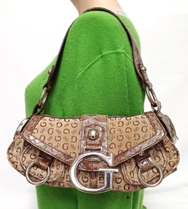 GUESS Y2K BROWN MONOGRAM MINI BAGUETTE SHOULDER HANDBAG - Picture 1 of 14