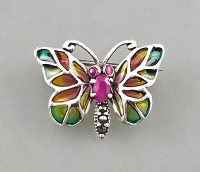 9923514 925er Argento Rubin-Brosche Farfalla Smaltato Marcasiti - Immagine 1 di 2
