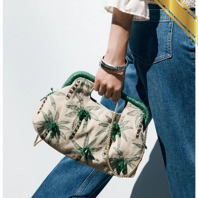 Bolso Clutch Zara 2025 Detalle Bordado y Cuentas Beige Verde - Zara Original Foto 1 de 4