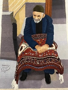 Amazing Wool Rug Tapestry Wall Hanging OLD MAN TABLEAU 27”x18” - Picture 1 of 16