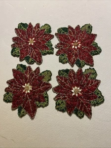 Set Of 4 Beaded Poinsettia Coasters Decorative Red & Gold Beads Gift 4" - Picture 1 of 5