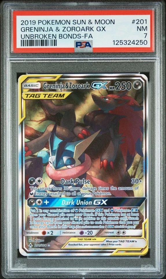 Pokemon Sun & Moon Unbroken Bonds 201 Full Alt Art Greninja & Zoroark GX PSA 7 - Image 1 of 1