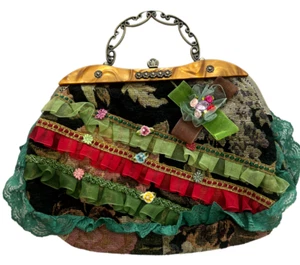 Tapestry And Layered Ruffle Lucite Trim Metal Handle Accents Clutch Purse Malina - Picture 1 of 15