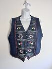 Erika Classics Womens Medium Vest Top Blue Embroidered Wool Floral Nordic 