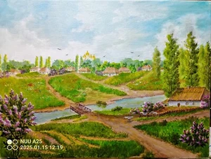 Arte 16"/12" Villaggio Slavo . Dipinto ad olio, Paesaggio su tela tesa, - Foto 1 di 7