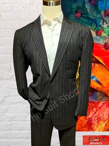 Isaia Napoli 46L 37x31 Gray Stripe Wool Flannel Designer 2 Piece Suit Italy - Picture 1 of 18