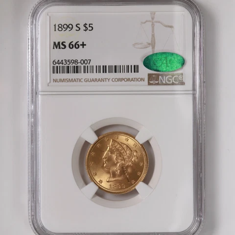 1899-S Liberty $5 NGC CAC Certified MS66+ Plus Graded 2nd Finest Known Graded Cover