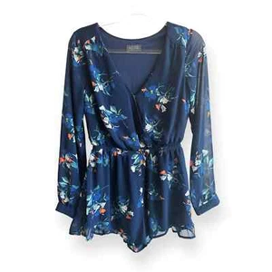 Mono ASTR The Label Azul Marino Floral Chifón Mangas Largas Cuello en V Talla Pequeña - Imagen 1 de 9