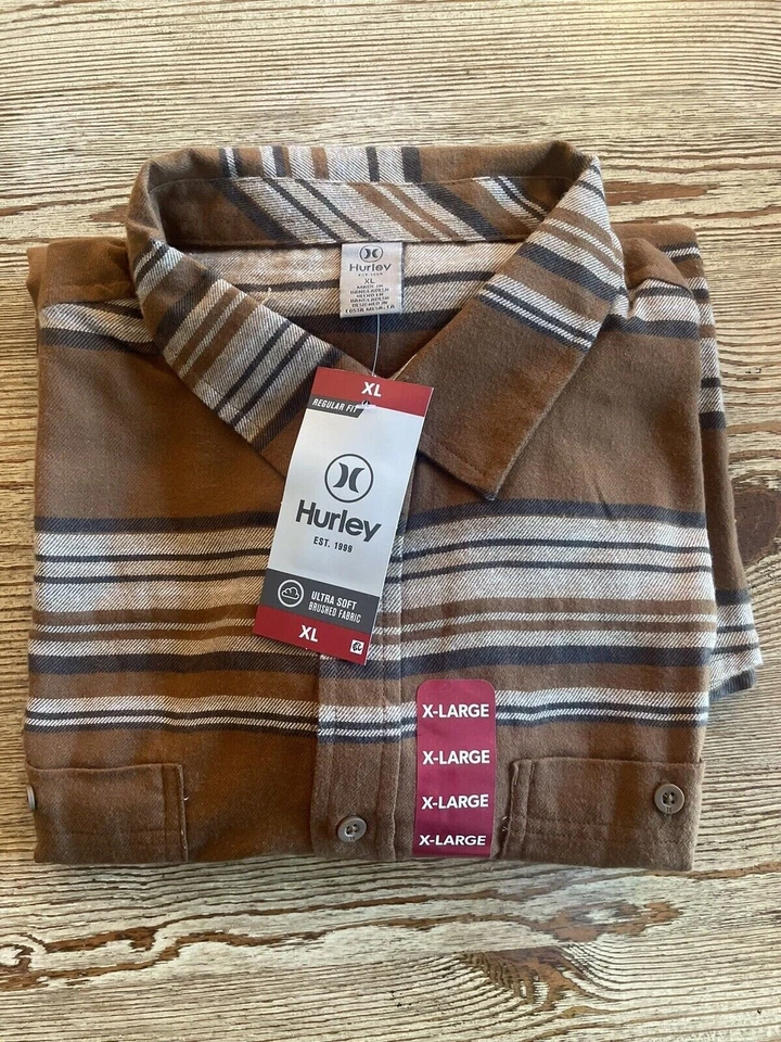 NUEVO CON ETIQUETAS CAMISA HURLEY Para Hombres FLANELA CEPILLADA MANGA LARGA ABOTONADA Bronceada Pequeña Foto 1 de 1