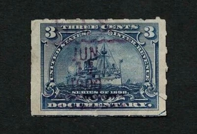 US Revenue 1898 R165 Battleship Documentary Tax Stamp 3c Corner Arrow Cut Cancel - Image 1 of 2
