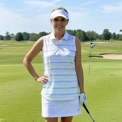 Camisa Polo Mujer L Guijarro Playa Seca Lujo Golf Sin Mangas Azul Rayas Malla Yugo Foto 1 de 4