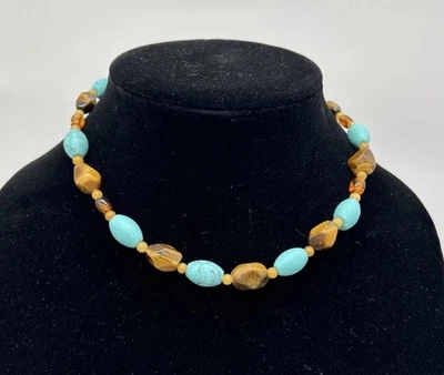 Womens Turquoise,  Tigers Eye & Beads Necklace Bohemian Length 16” - Image 1 of 4