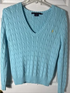 Ralph Lauren Sport Pullover Damen XL Blau Zopfmuster V-Ausschnitt Rot Pony Lg Arm - Bild 1 von 5