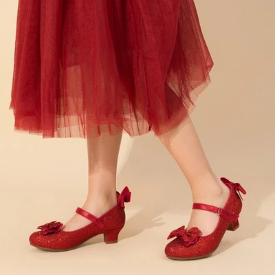 Girls Dress Shoes 1.3inch Low Heel Dance Shoes Bow Glitter Wedding Party Shoes - Image 1 of 4