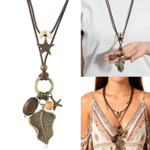 Unique Handmade Beaded Leaf Necklace Waxed String Metallic Elements Wooden Gift - Picture 1 of 9