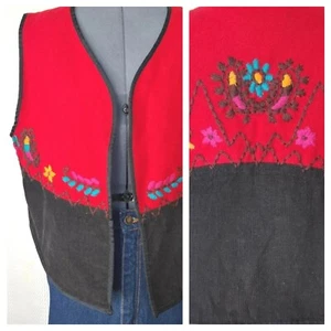 Chaleco Vintage de Russ en Lana Roja/Pana Negra con Detalle Bordado Talla Med - Imagen 1 de 14